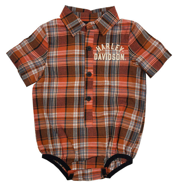 Kids Brushed Orange Plaid Woven Creeper