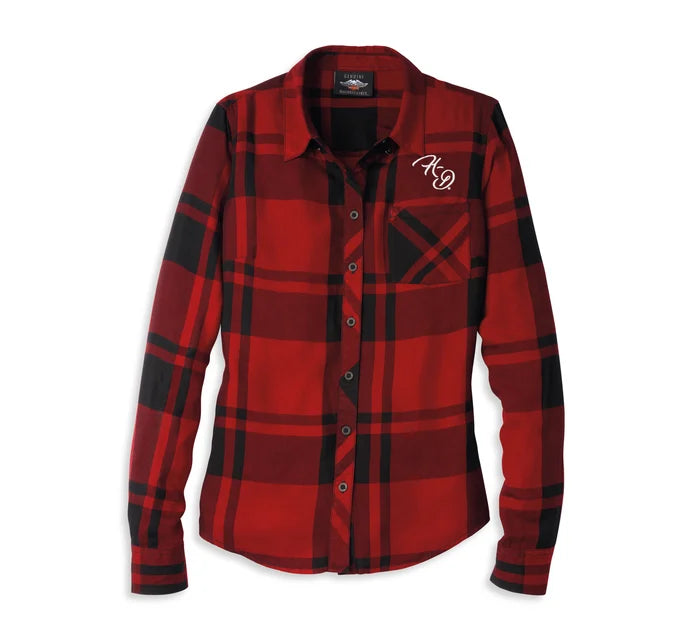 Women's Silver Wing Script Font One Pocket Plaid Shirt