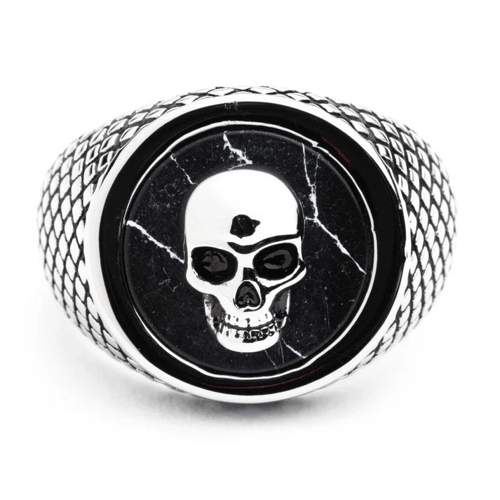 Harley-Davidson Men's Black Circle Skull Head Ring - Silver Stainless Steel