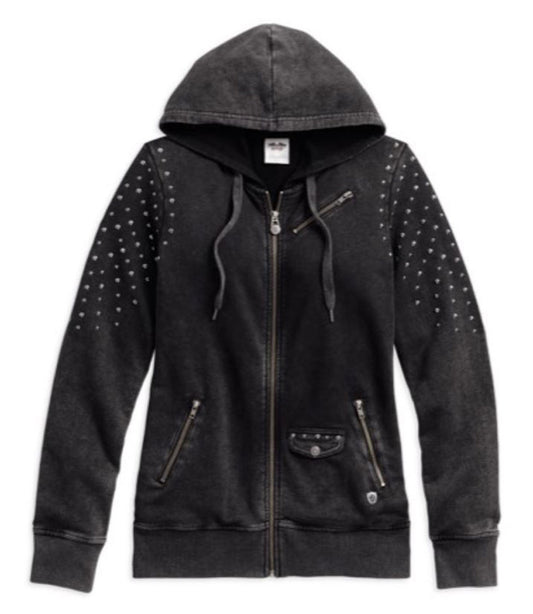 Women's Studded Distressed Zippered Hoodie